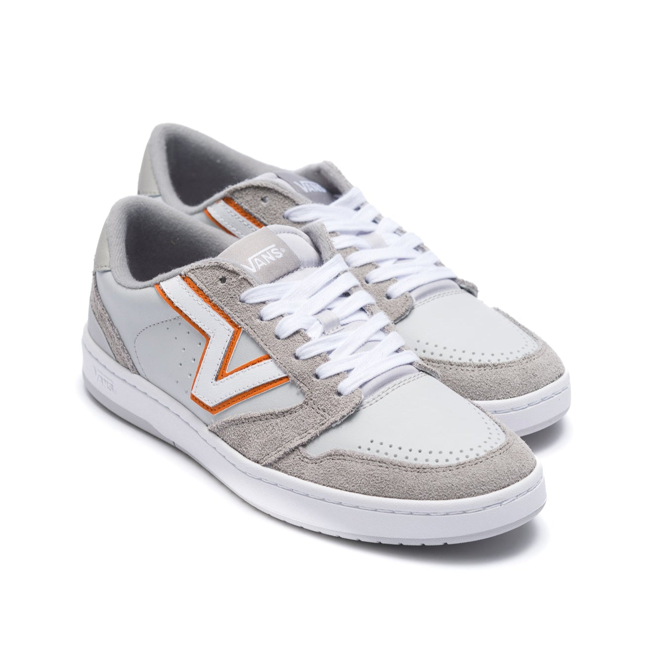 grey vans lowland men's shoe with white and orange v logo with white sole