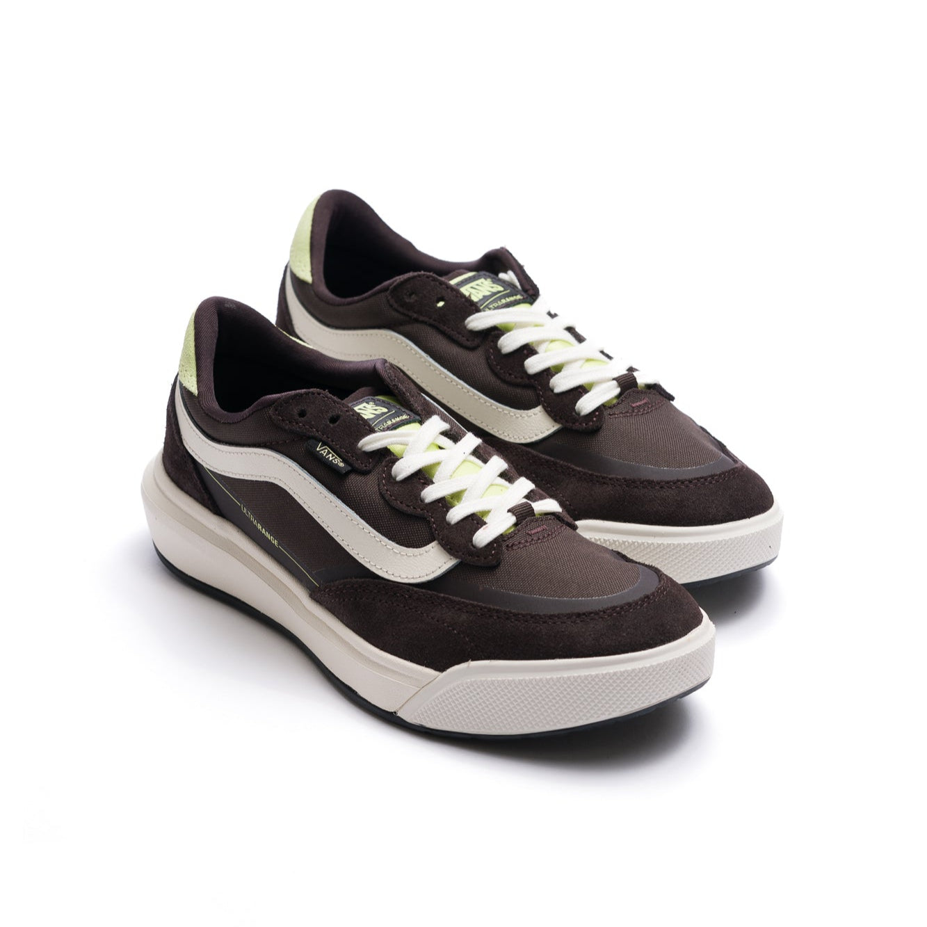 brown vans mte ultrarange with white side stripe, light green details and white sole
