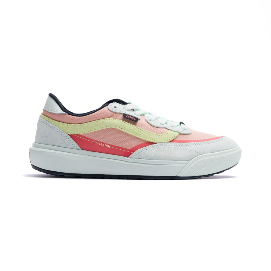 pink and blue vans women's ultrarange mte 2.0 with green sidestripe and white sole