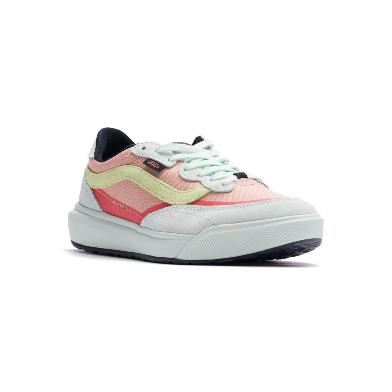 pink and blue vans women's ultrarange mte 2.0 with green sidestripe and white sole
