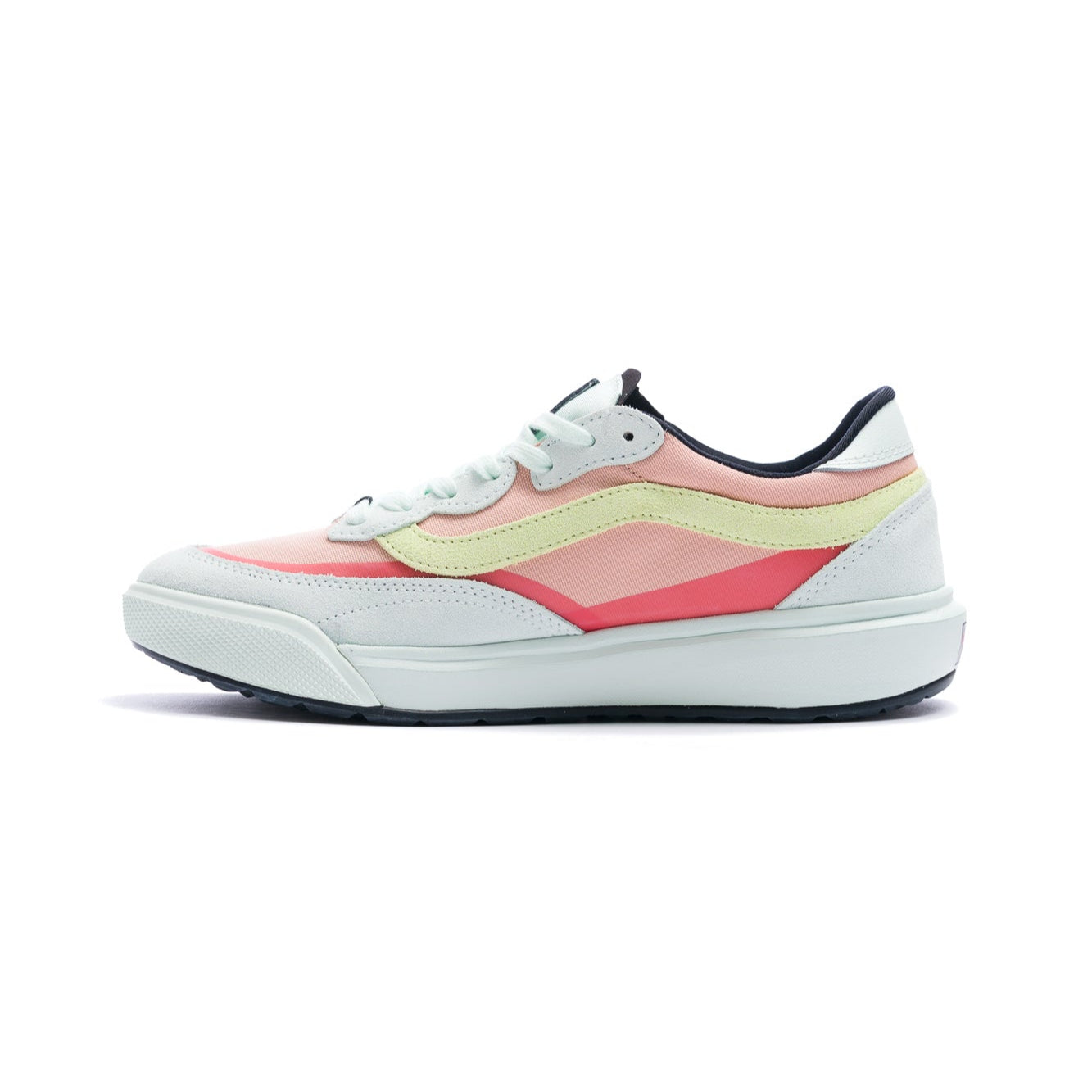 pink and blue vans women's ultrarange mte 2.0 with green sidestripe and white sole