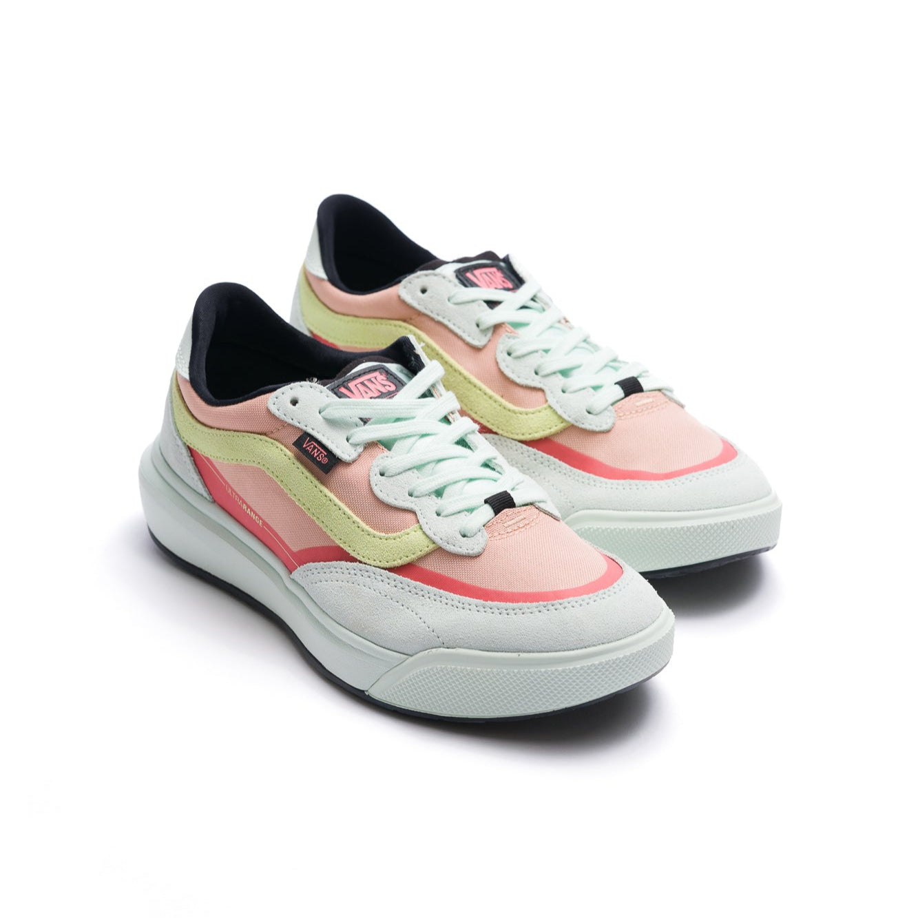 pink and blue vans women's ultrarange mte 2.0 with green sidestripe and white sole