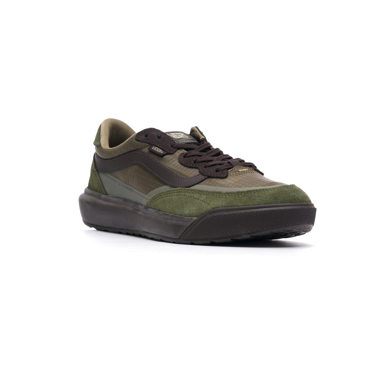 Green and brown vans ultrarange mte men's sneaker on a white background