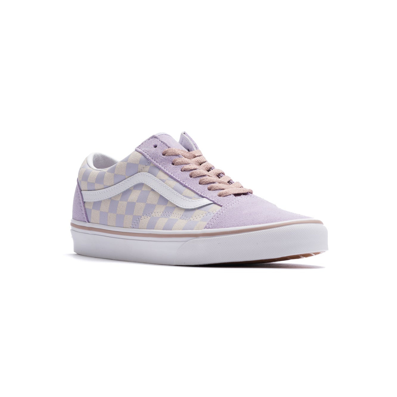 purple and off white checkerboard vans women's old skool with white sidestripe and white sole