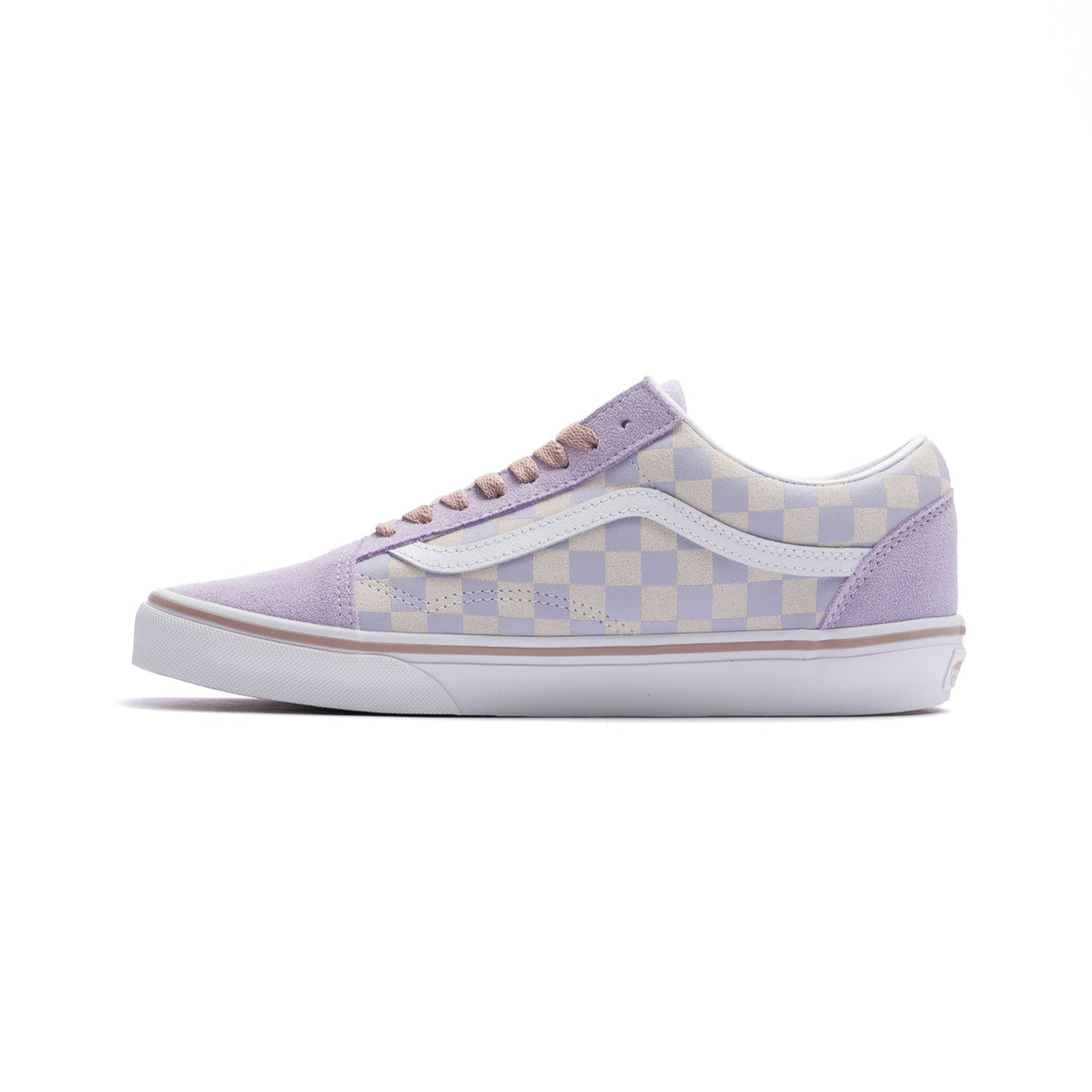 purple and off white checkerboard vans women's old skool with white sidestripe and white sole