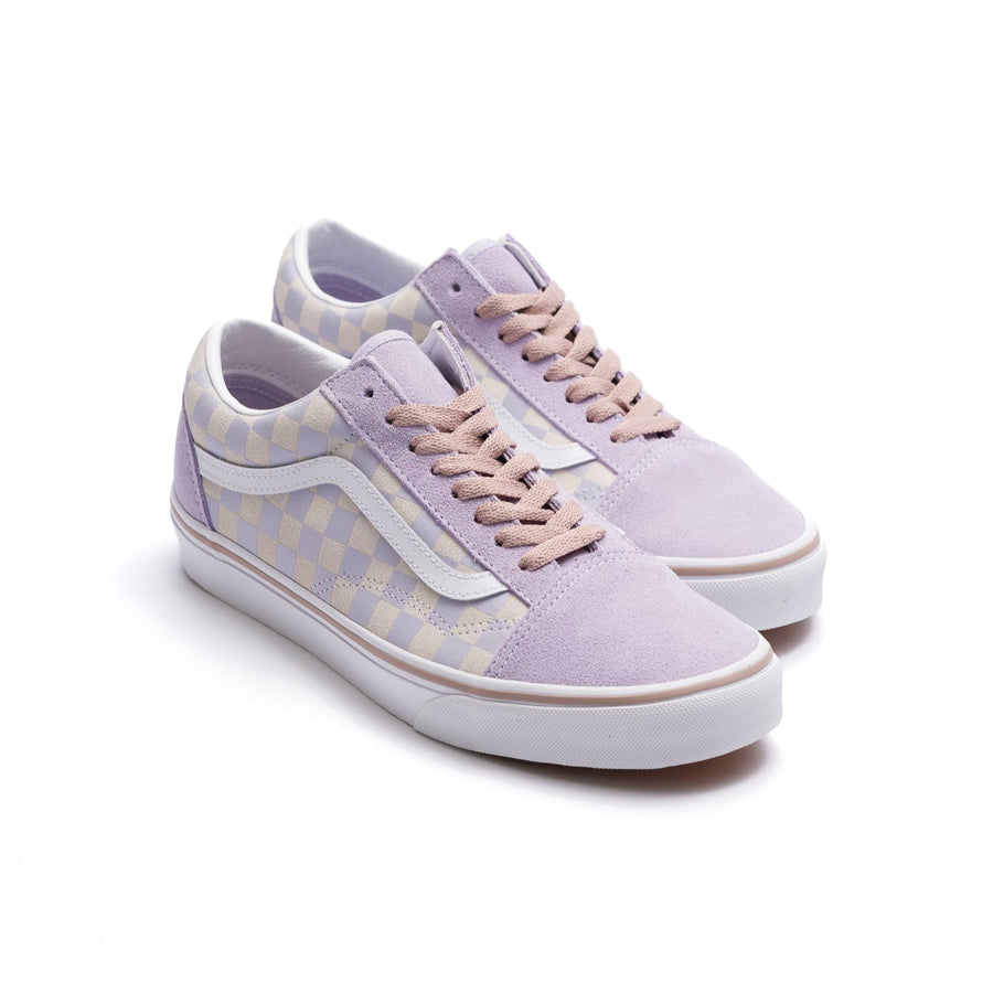 purple and off white checkerboard vans women's old skool with white sidestripe and white sole