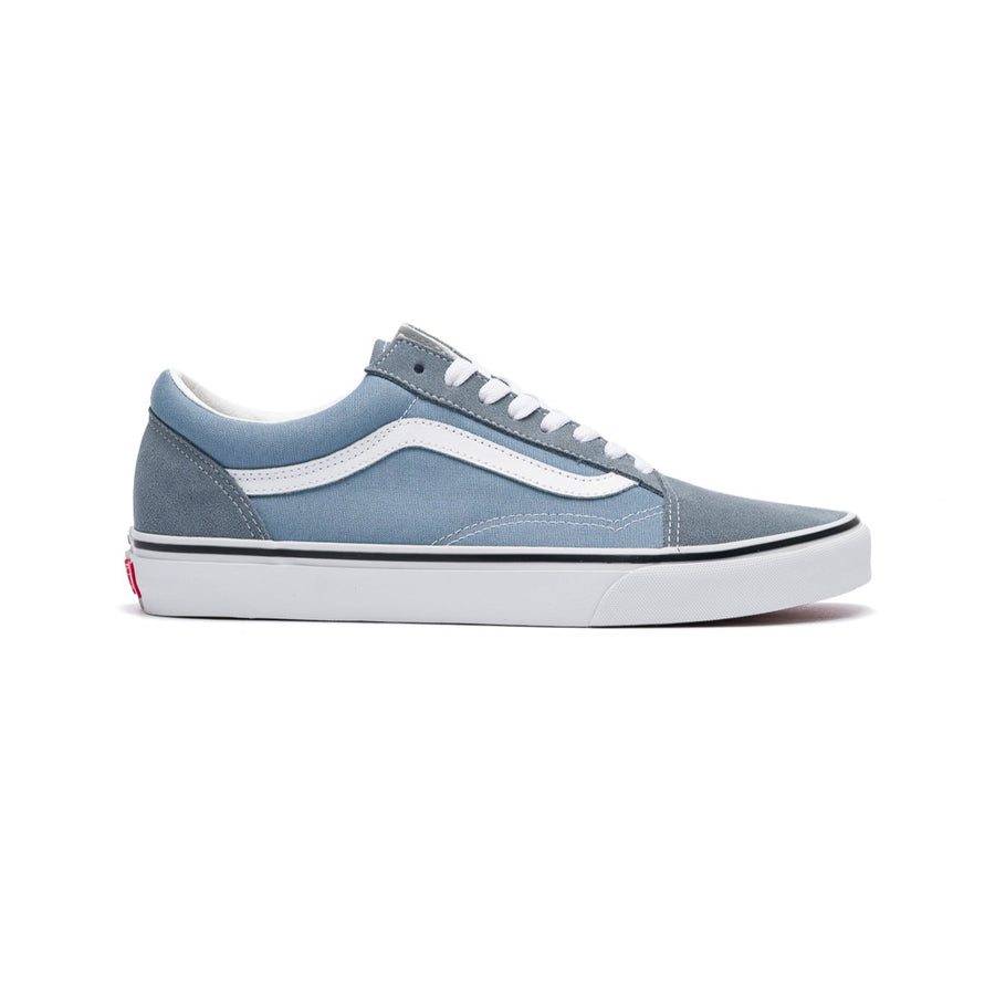 Blue vans men's old skool sneaker with white sole on a white background