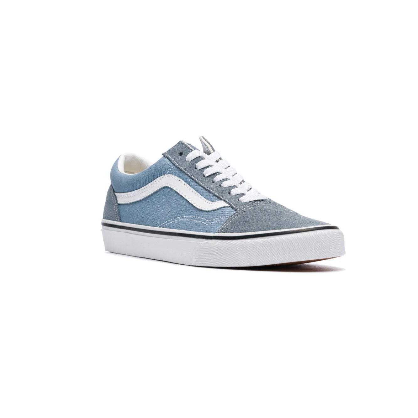 Blue vans men's old skool sneaker with white sole on a white background