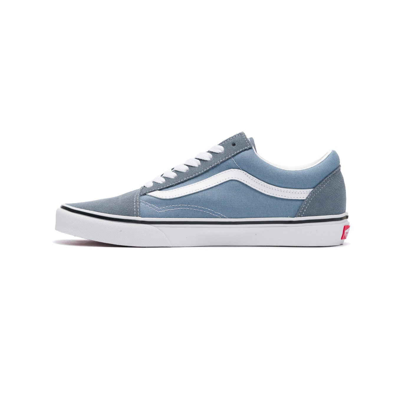 Blue vans men's old skool sneaker with white sole on a white background