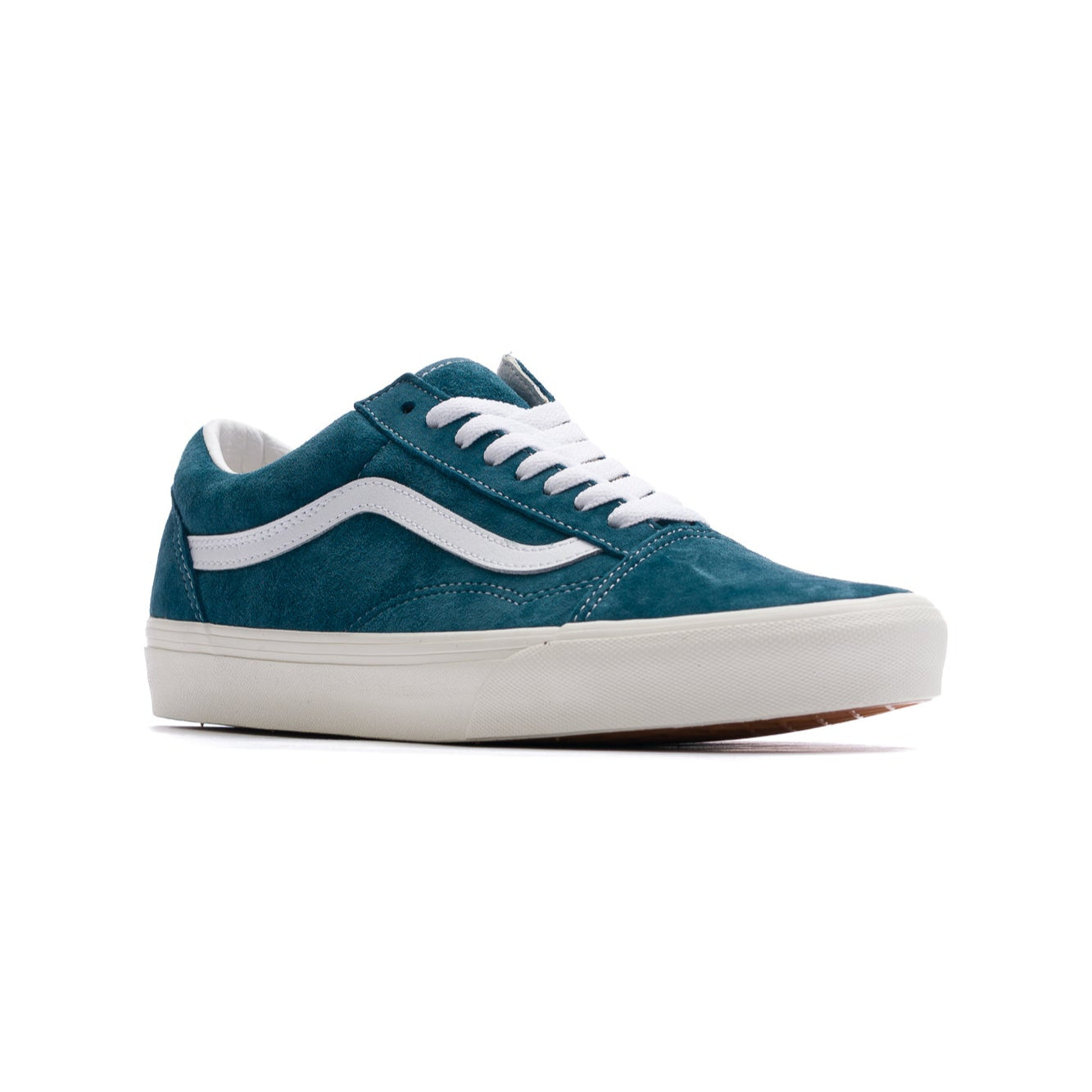men's blue pig suede vans old skool shoe with white side stripe and white sole