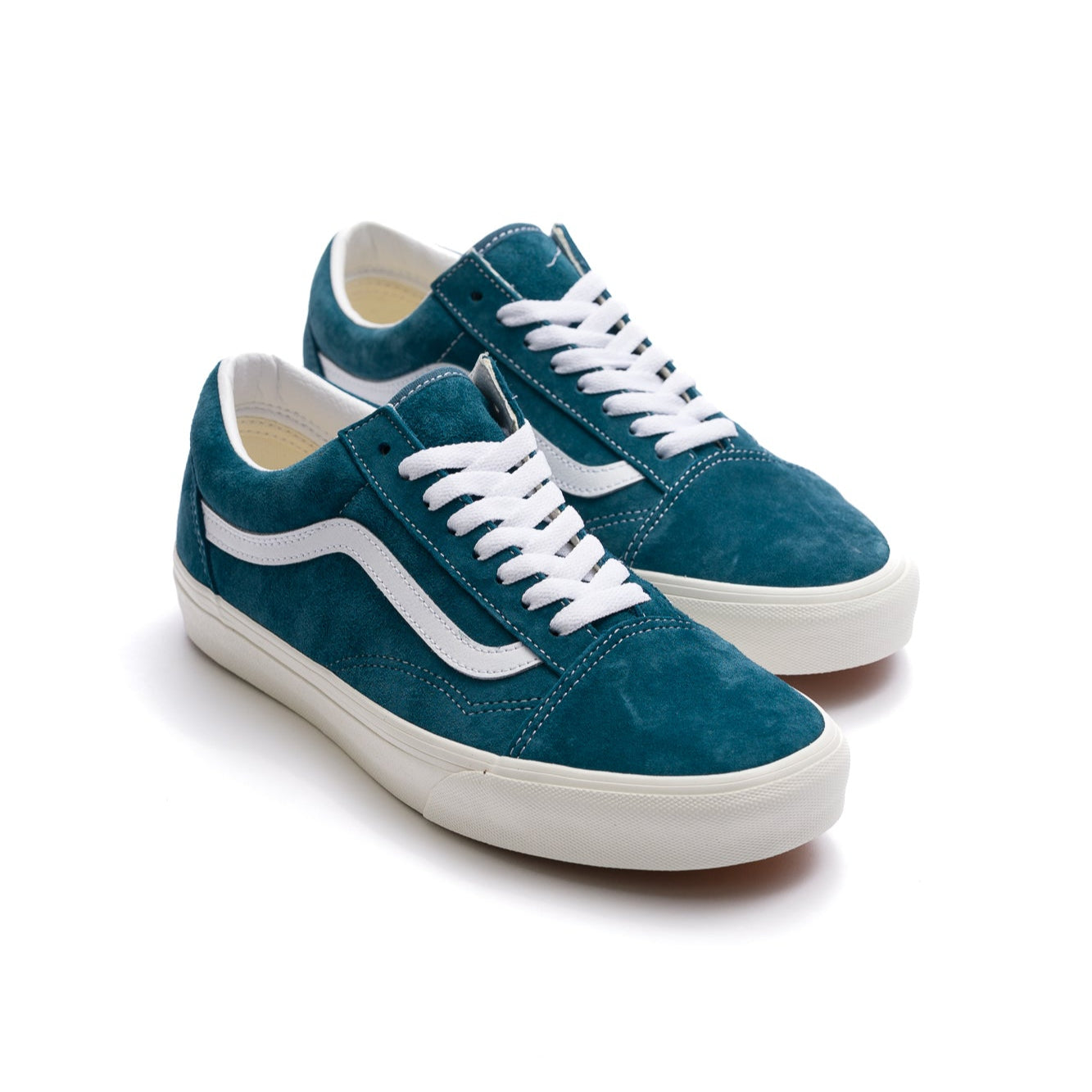 men's blue pig suede vans old skool shoe with white side stripe and white sole