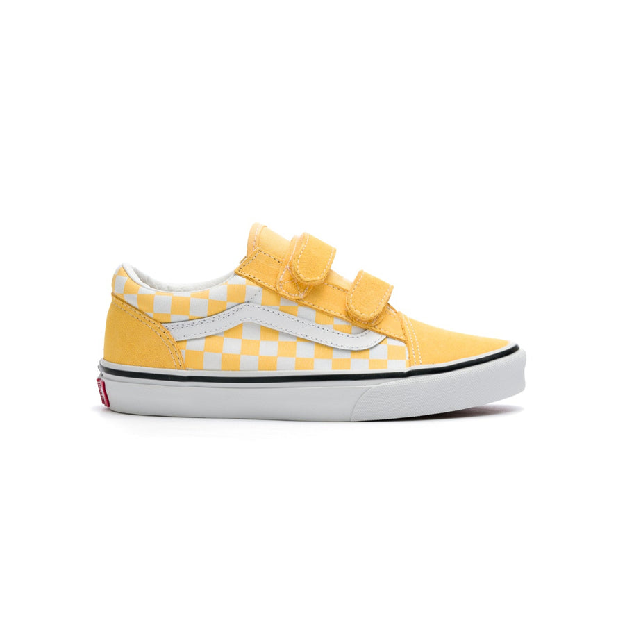 yellow & white checkerboard vans kids old skool v with velcro straps and white stripe and white sole