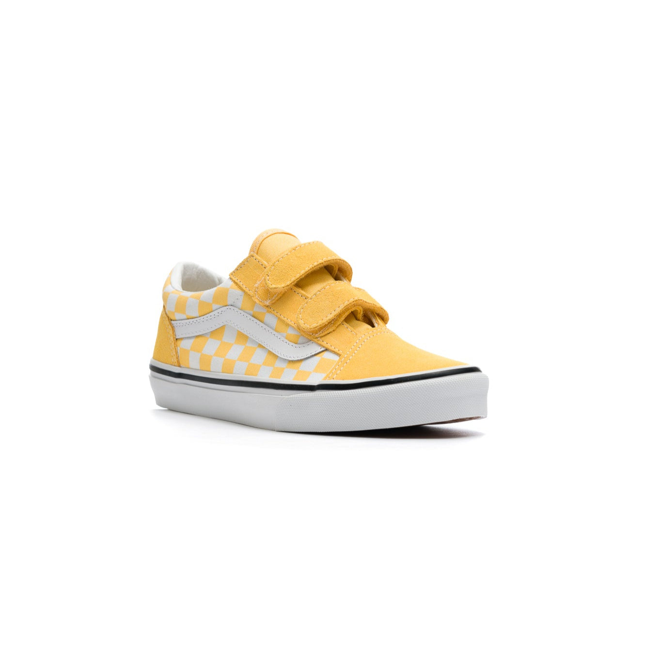 yellow and white checkerboard vans toddler old skool v shoe with white sidestripe and white sole