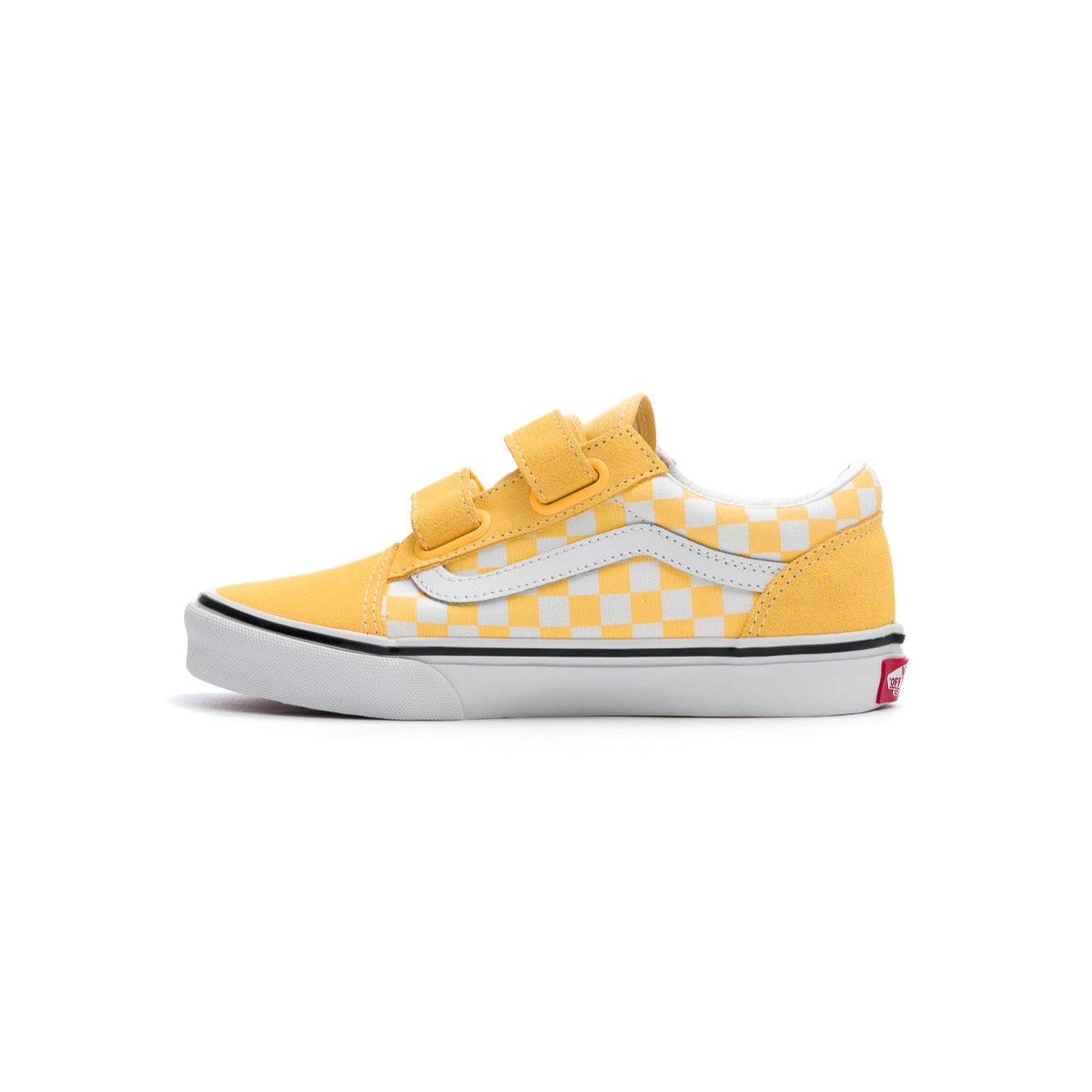 yellow and white checkerboard vans toddler old skool v shoe with white sidestripe and white sole