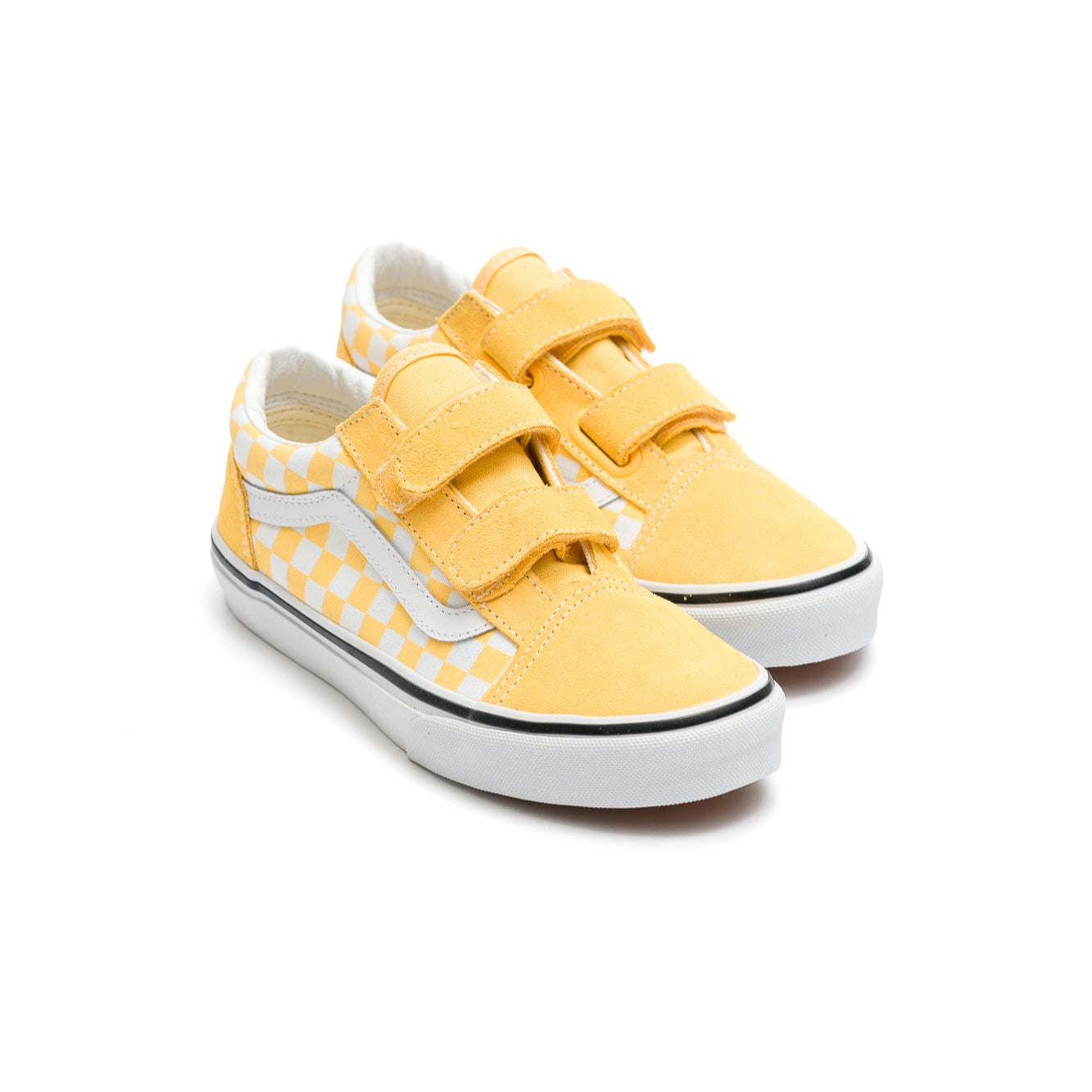 yellow and white checkerboard vans toddler old skool v shoe with white sidestripe and white sole