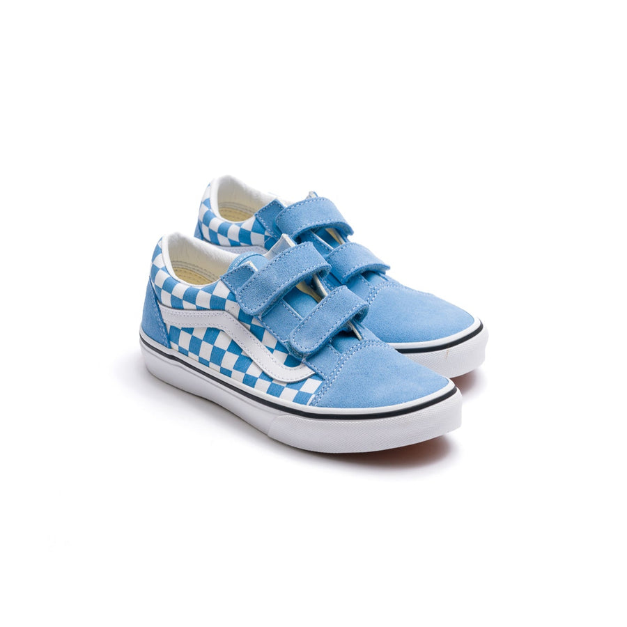 blue and white checkerboard vans kids old skool with velcro strap and white sole