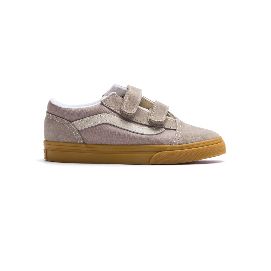 grey vans toddler old skool with velcro straps, white sidestripe and gum sole