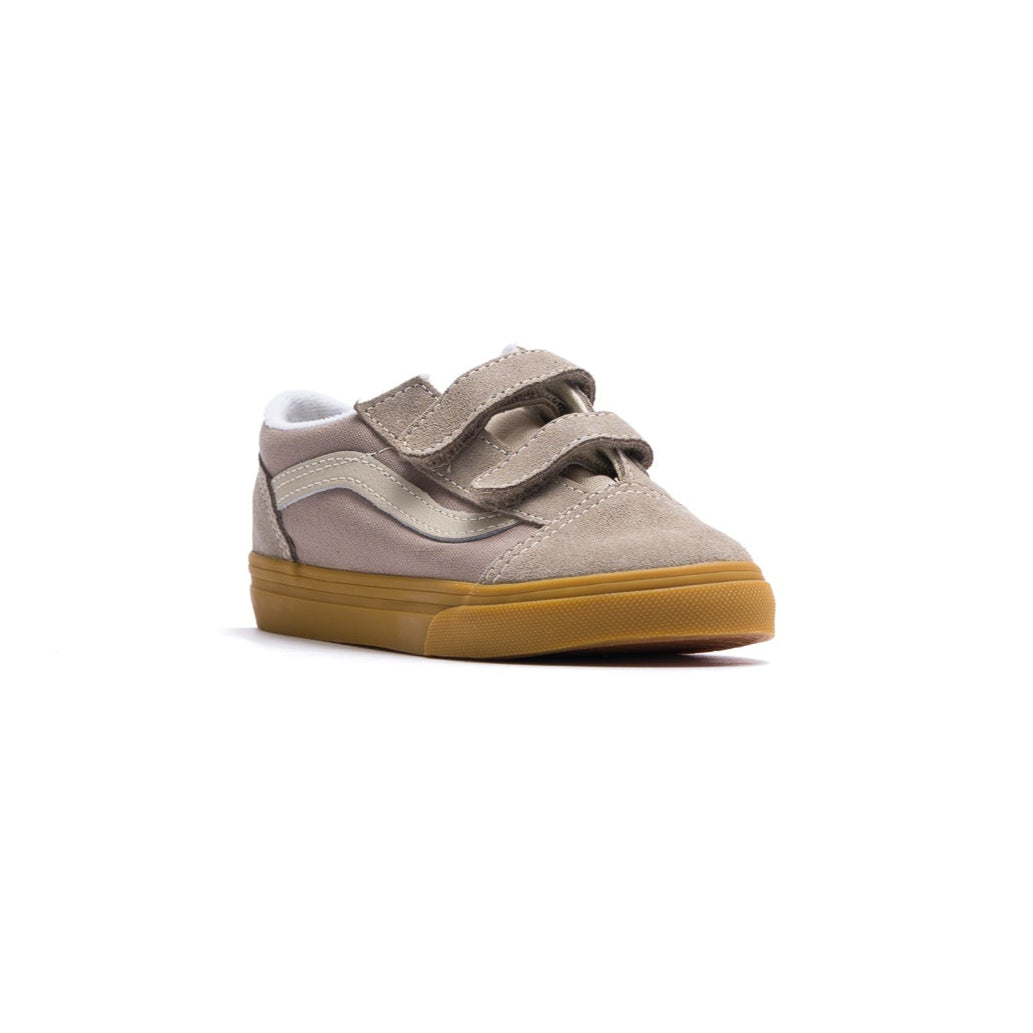 grey vans toddler old skool with velcro straps, white sidestripe and gum sole