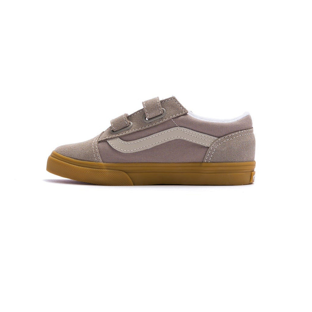 grey vans toddler old skool with velcro straps, white sidestripe and gum sole