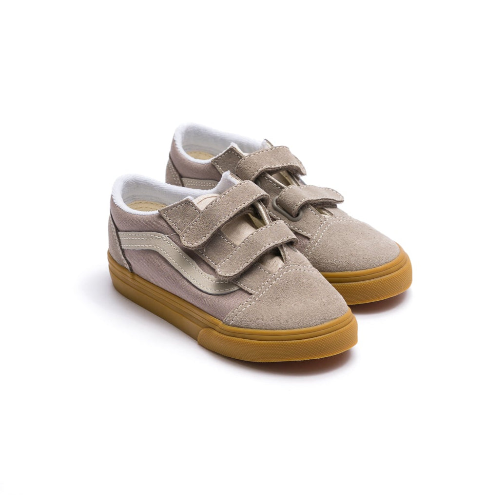 grey vans toddler old skool with velcro straps, white sidestripe and gum sole
