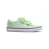 green kids vans old skool with velcro, a white side stripe, checkerboard green and white side panel and white sole.