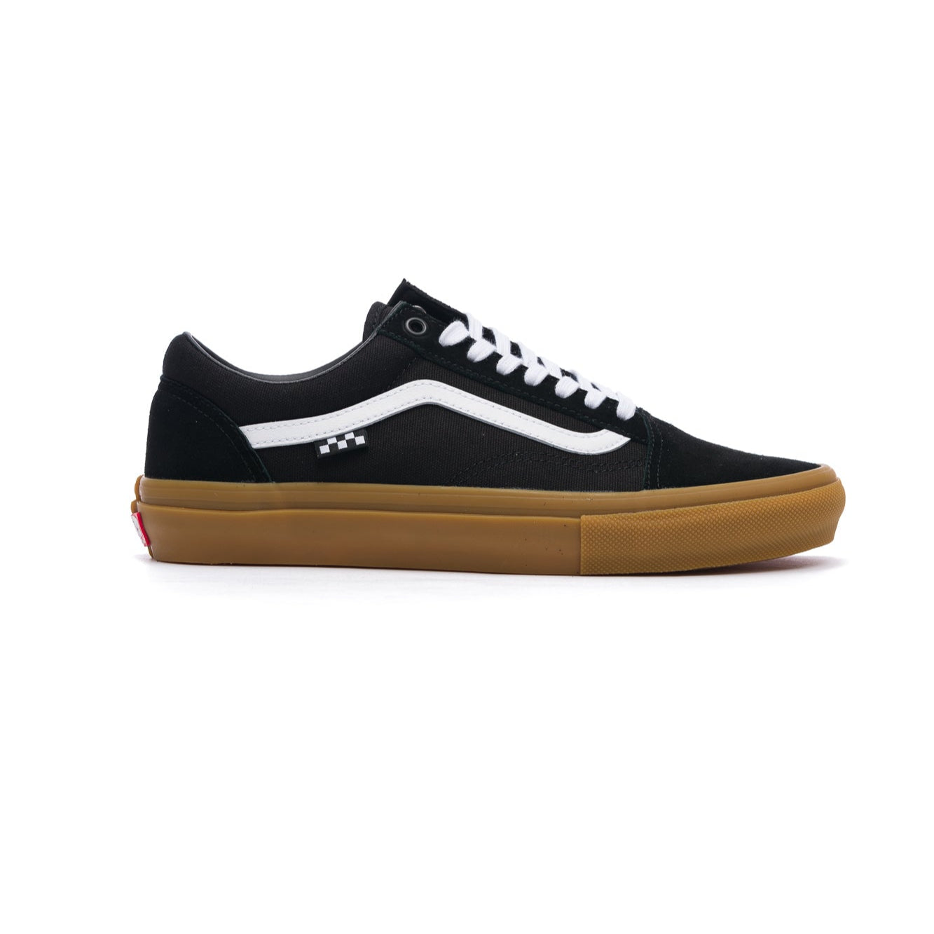 Black vans old skool men's sneaker with white stripe and gum sole on a white background