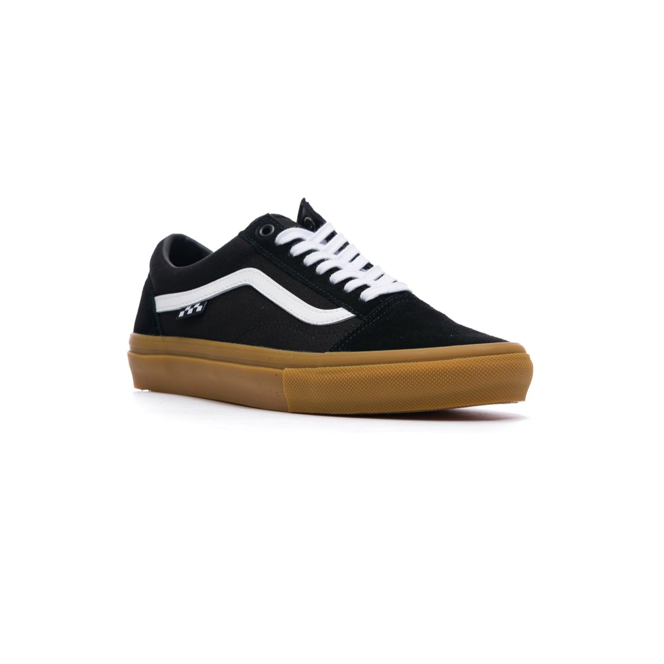 Black vans old skool men's sneaker with white stripe and gum sole on a white background