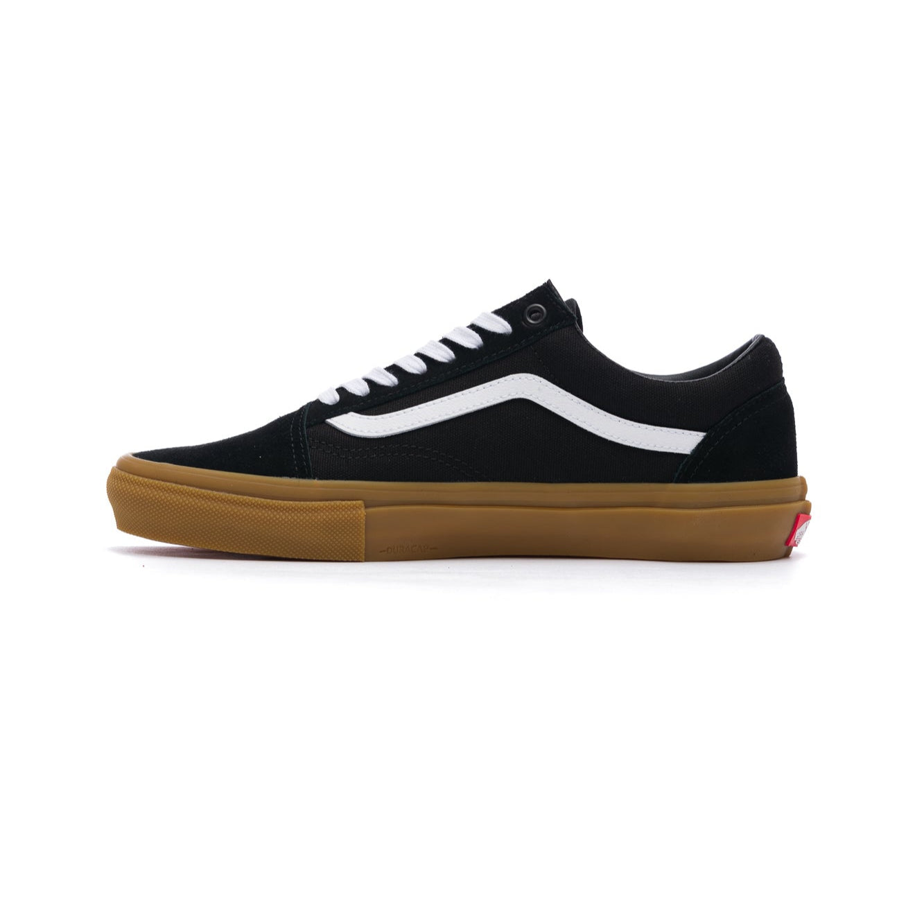 Black vans old skool men's sneaker with white stripe and gum sole on a white background