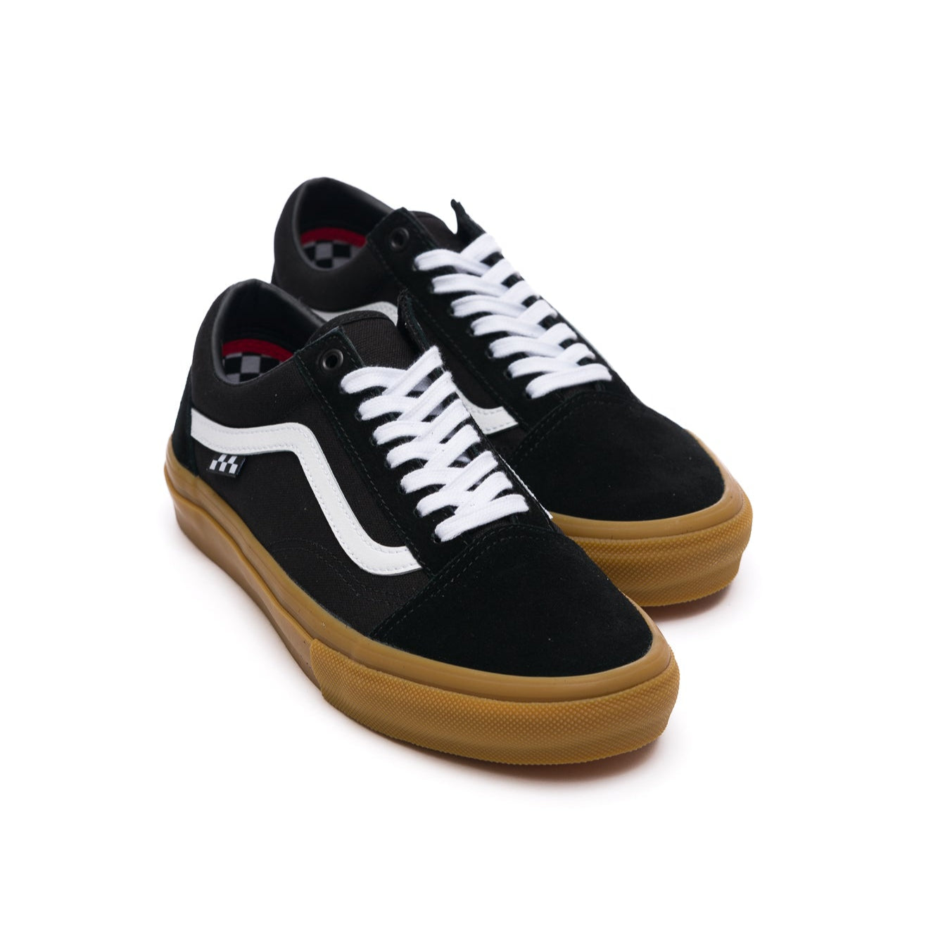 Black vans old skool men's sneaker with white stripe and gum sole on a white background