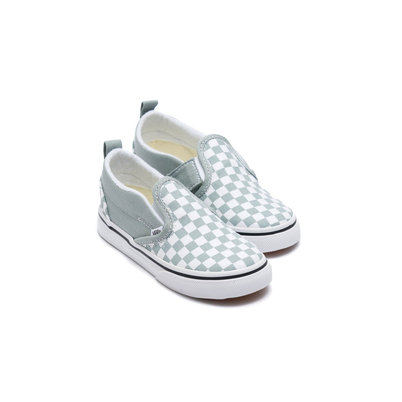 grey and white checkerboard vans toddler slip-on shoes with white sole