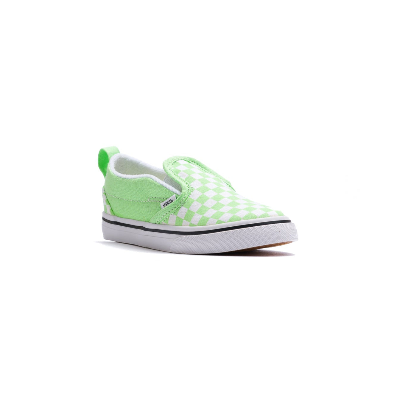 white and green checkerboard toddler vans velcro slip-on with green side panel and white sole