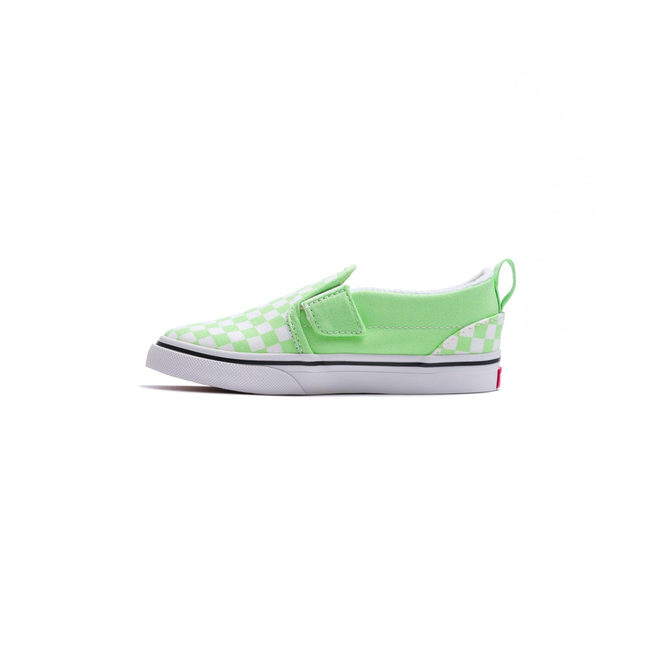 white and green checkerboard toddler vans velcro slip-on with green side panel and white sole