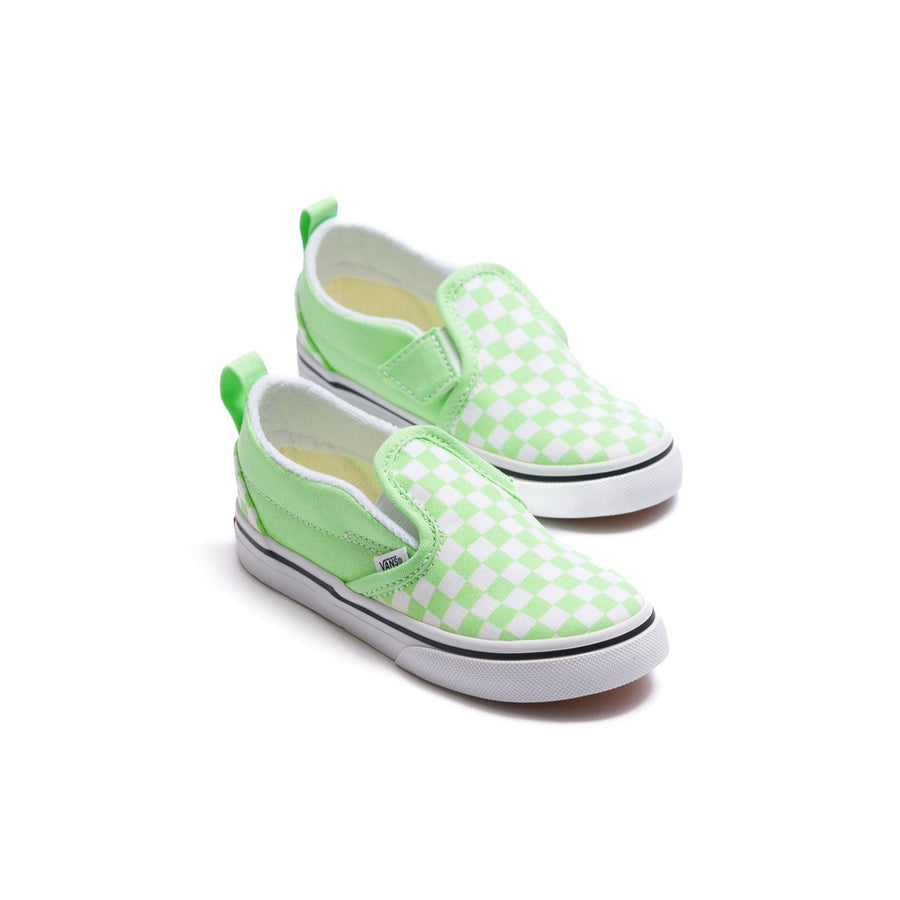 white and green checkerboard toddler vans velcro slip-on with green side panel and white sole