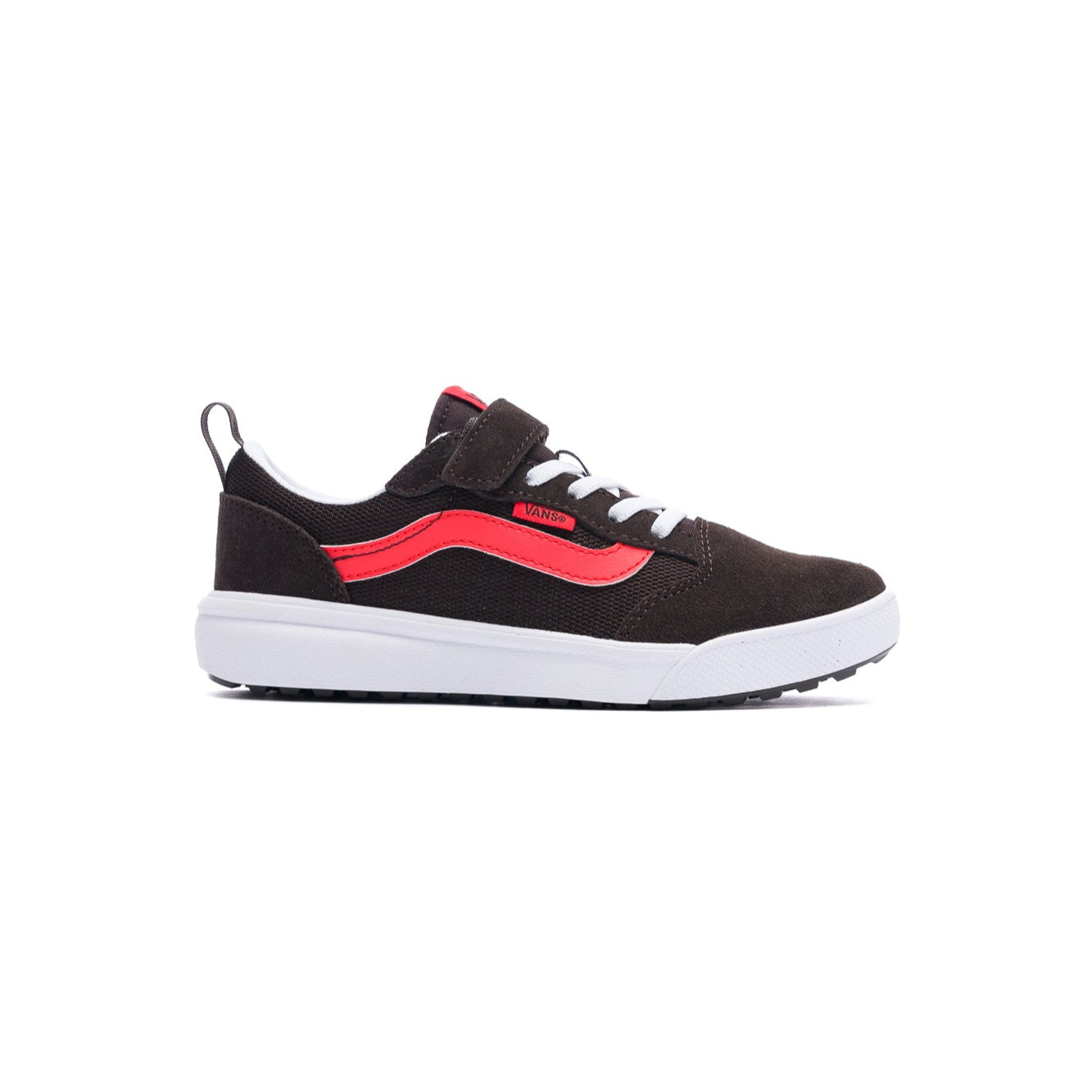 brown gray vans kids ultrarange 66 v with red sidestripe, velcro closure and white sole