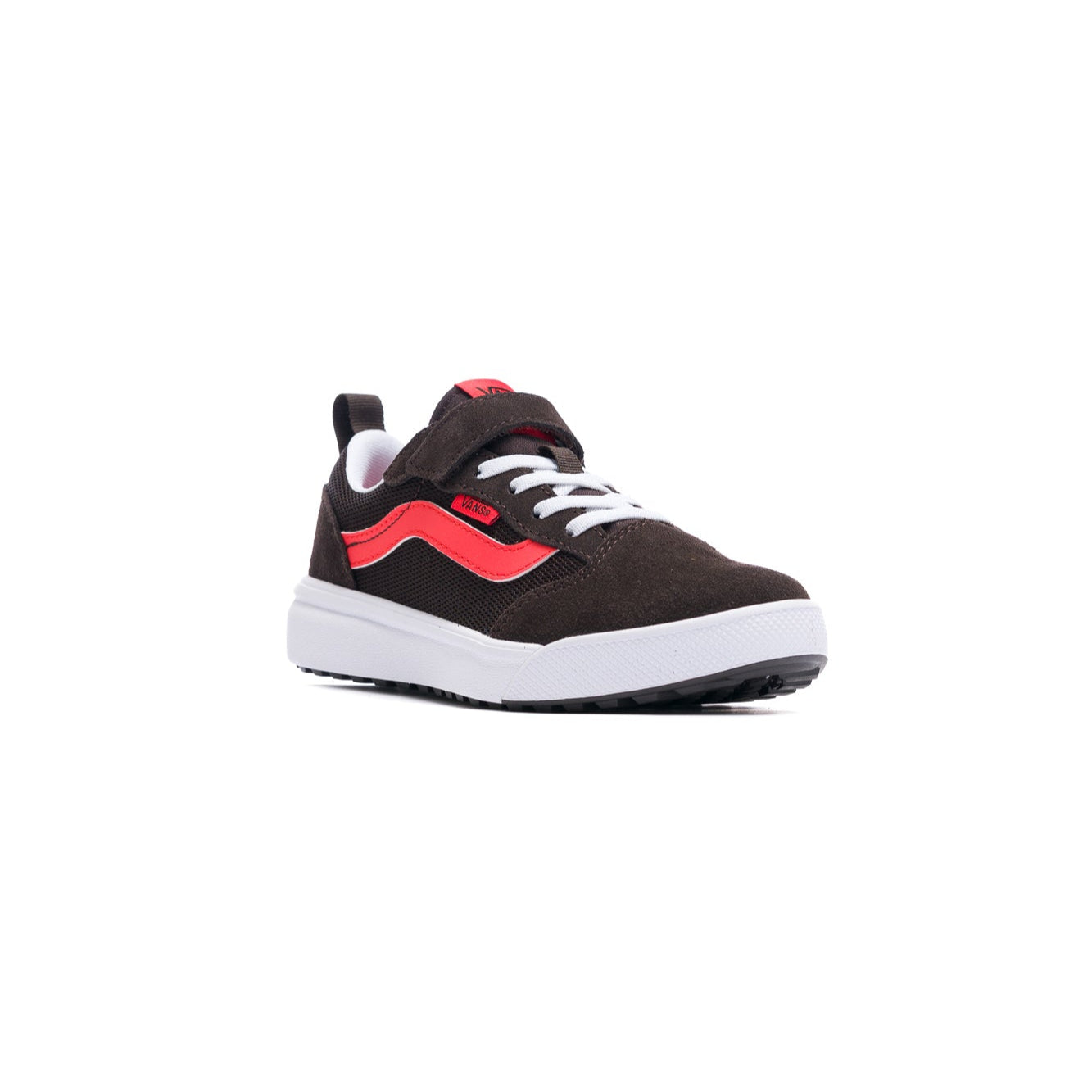 brown gray vans kids ultrarange 66 v with red sidestripe, velcro closure and white sole
