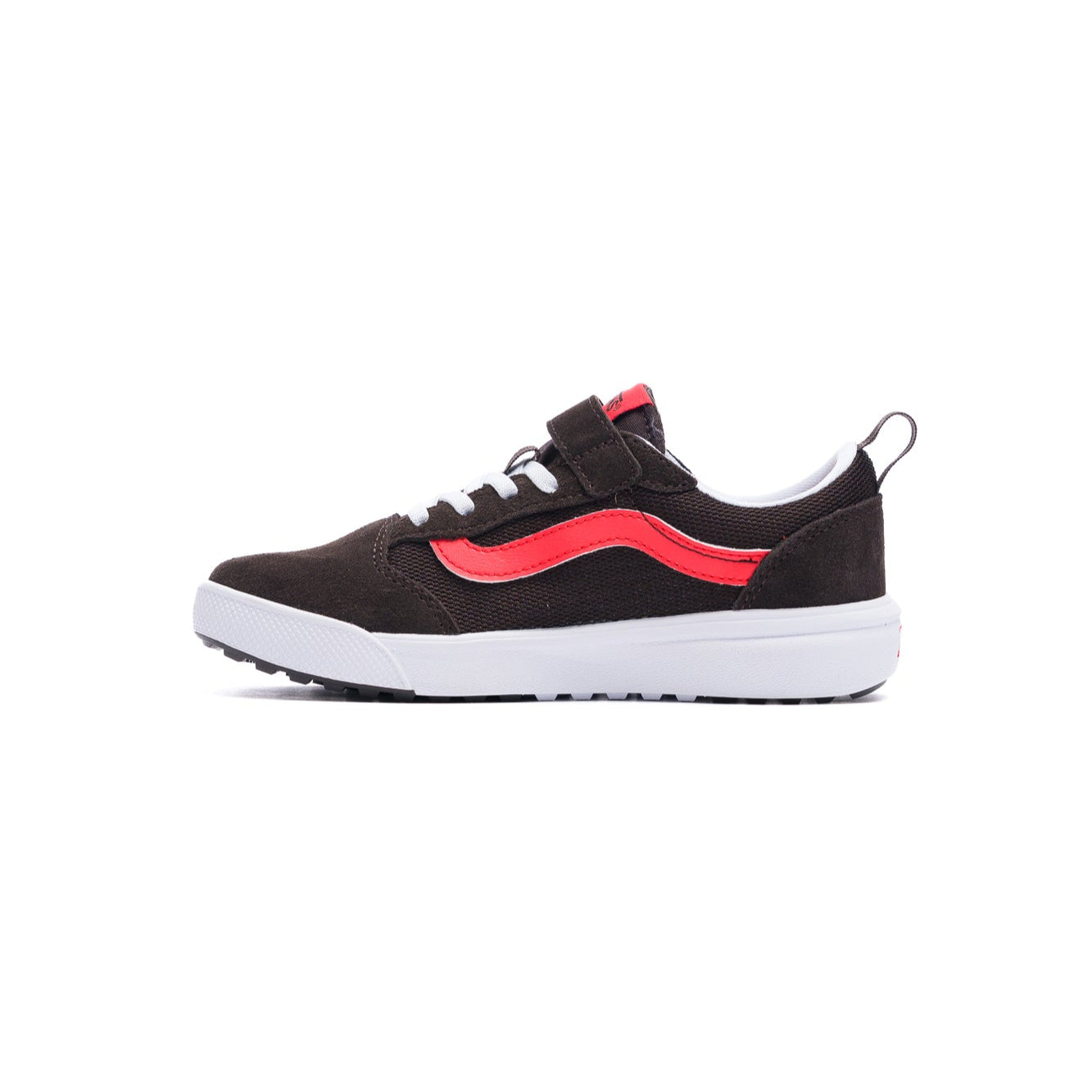 brown gray vans kids ultrarange 66 v with red sidestripe, velcro closure and white sole
