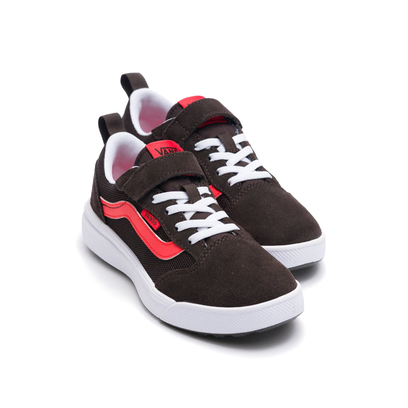 brown gray vans kids ultrarange 66 v with red sidestripe, velcro closure and white sole