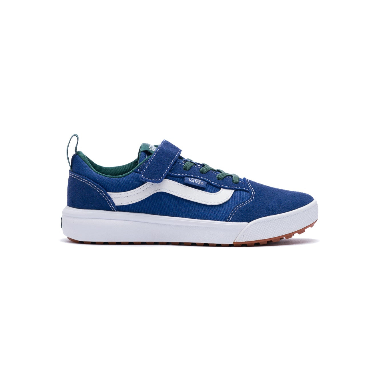 blue vans kids ultrarange with white sidestripe, white sole, green laces and velcro strap