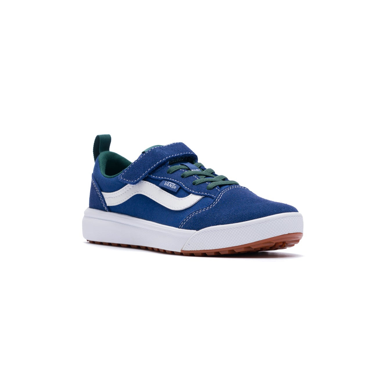 blue vans kids ultrarange with white sidestripe, white sole, green laces and velcro strap