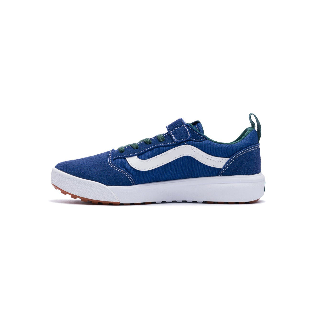 blue vans kids ultrarange with white sidestripe, white sole, green laces and velcro strap