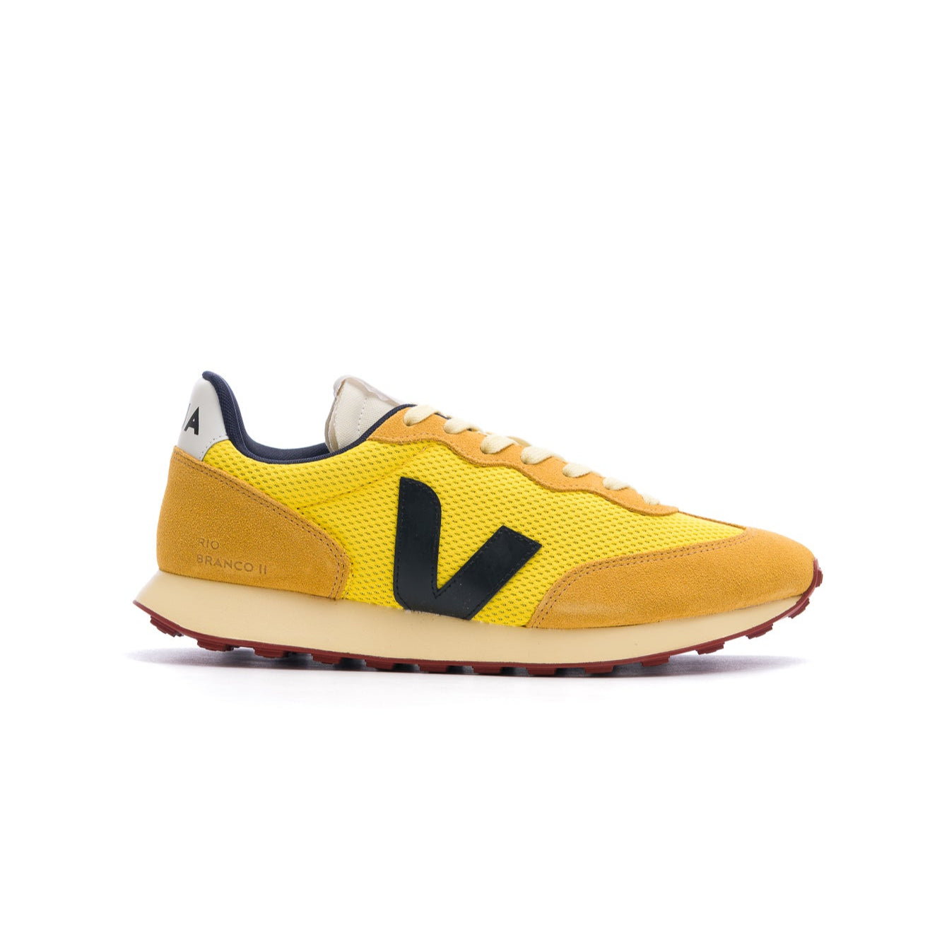 two-tone yellow veja women's rio branco with black V and off white sole