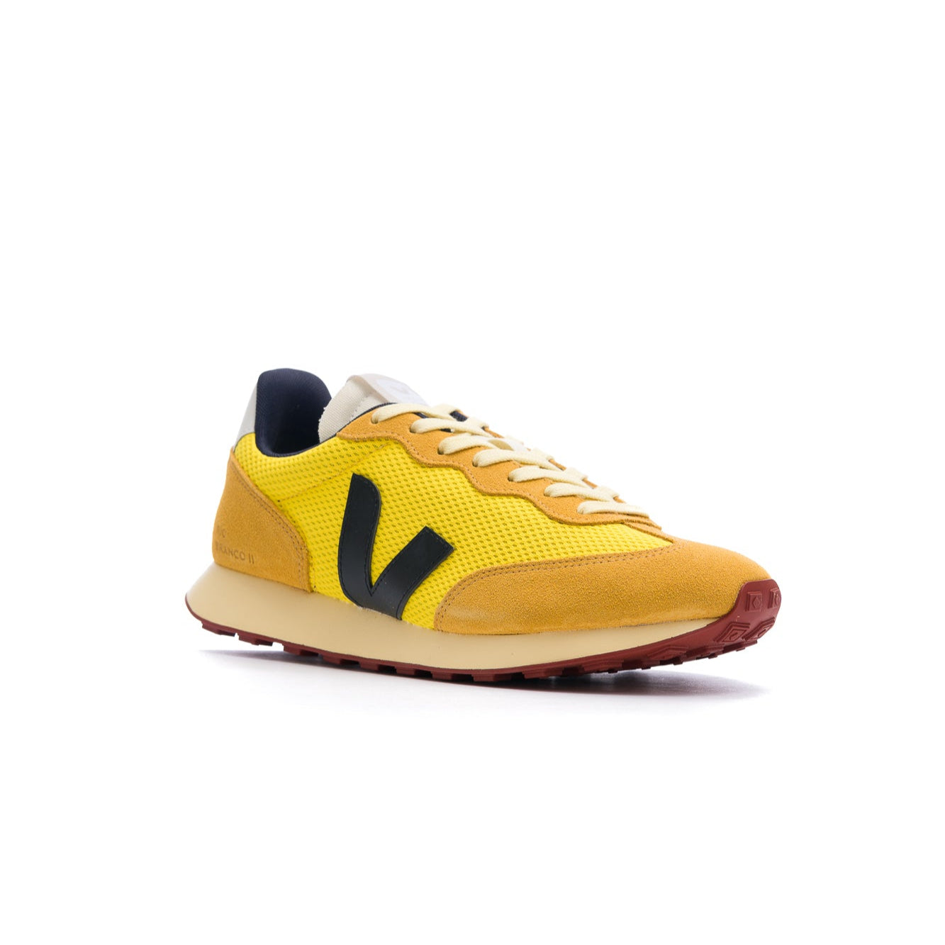 two-tone yellow veja women's rio branco with black V and off white sole
