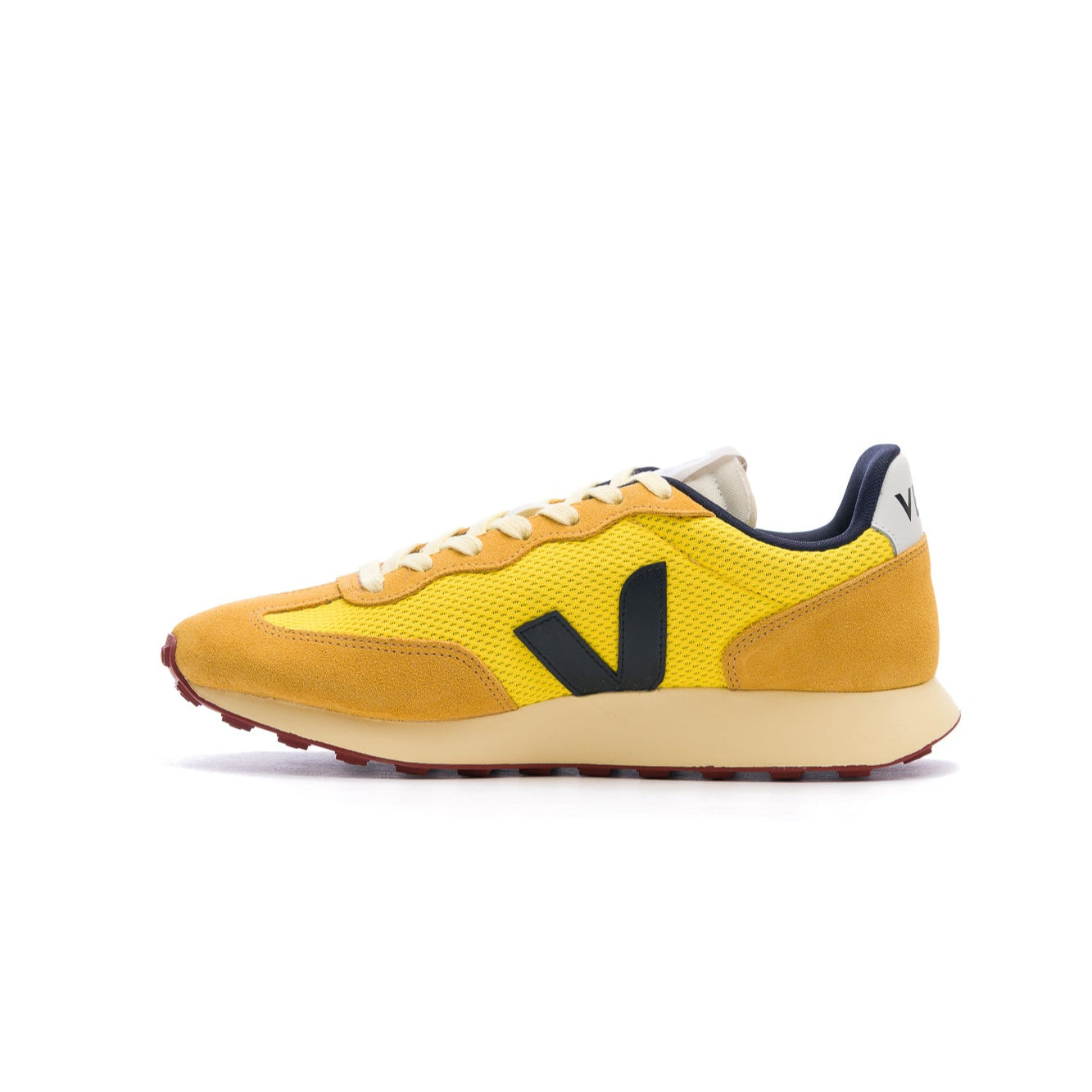 two-tone yellow veja women's rio branco with black V and off white sole