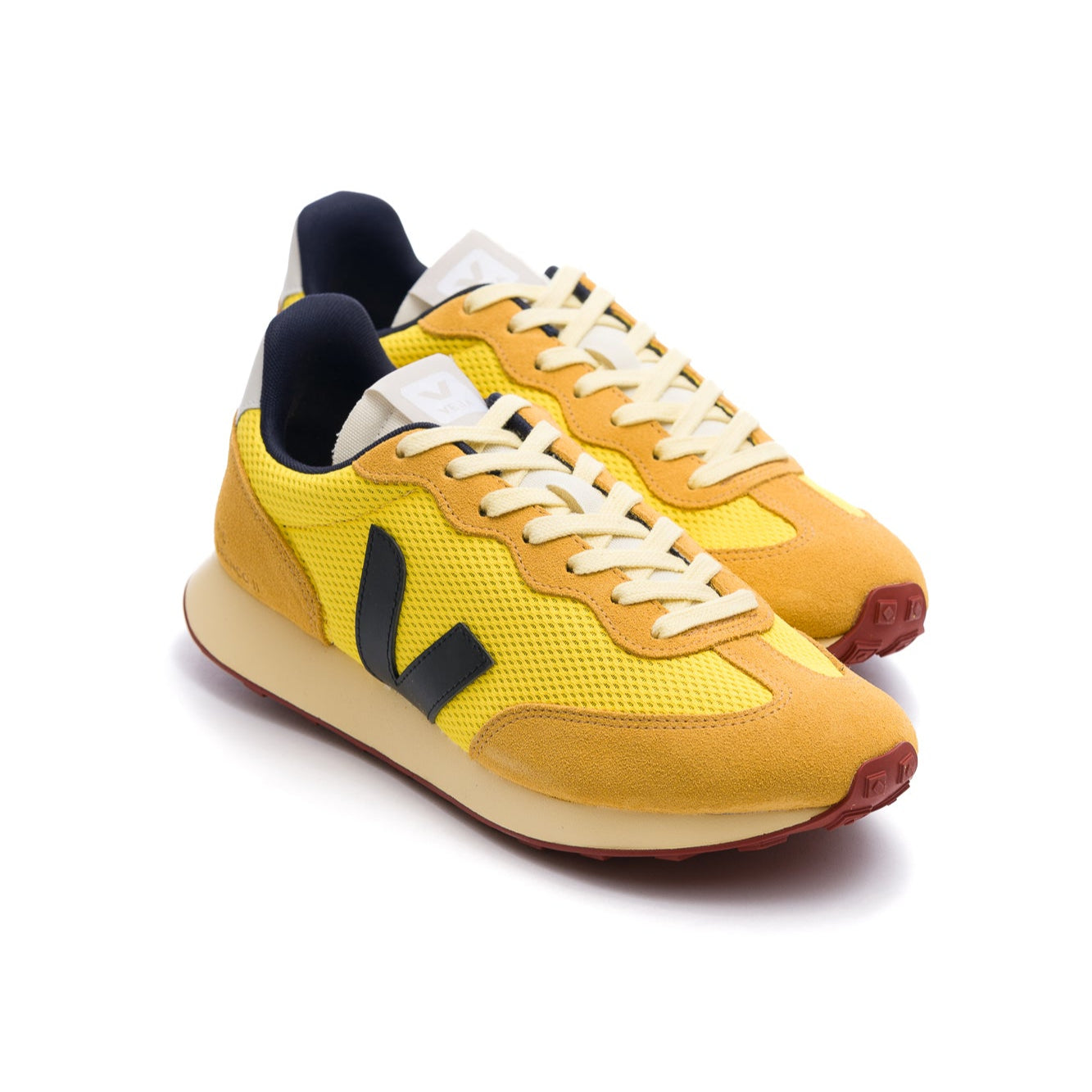 two-tone yellow veja women's rio branco with black V and off white sole