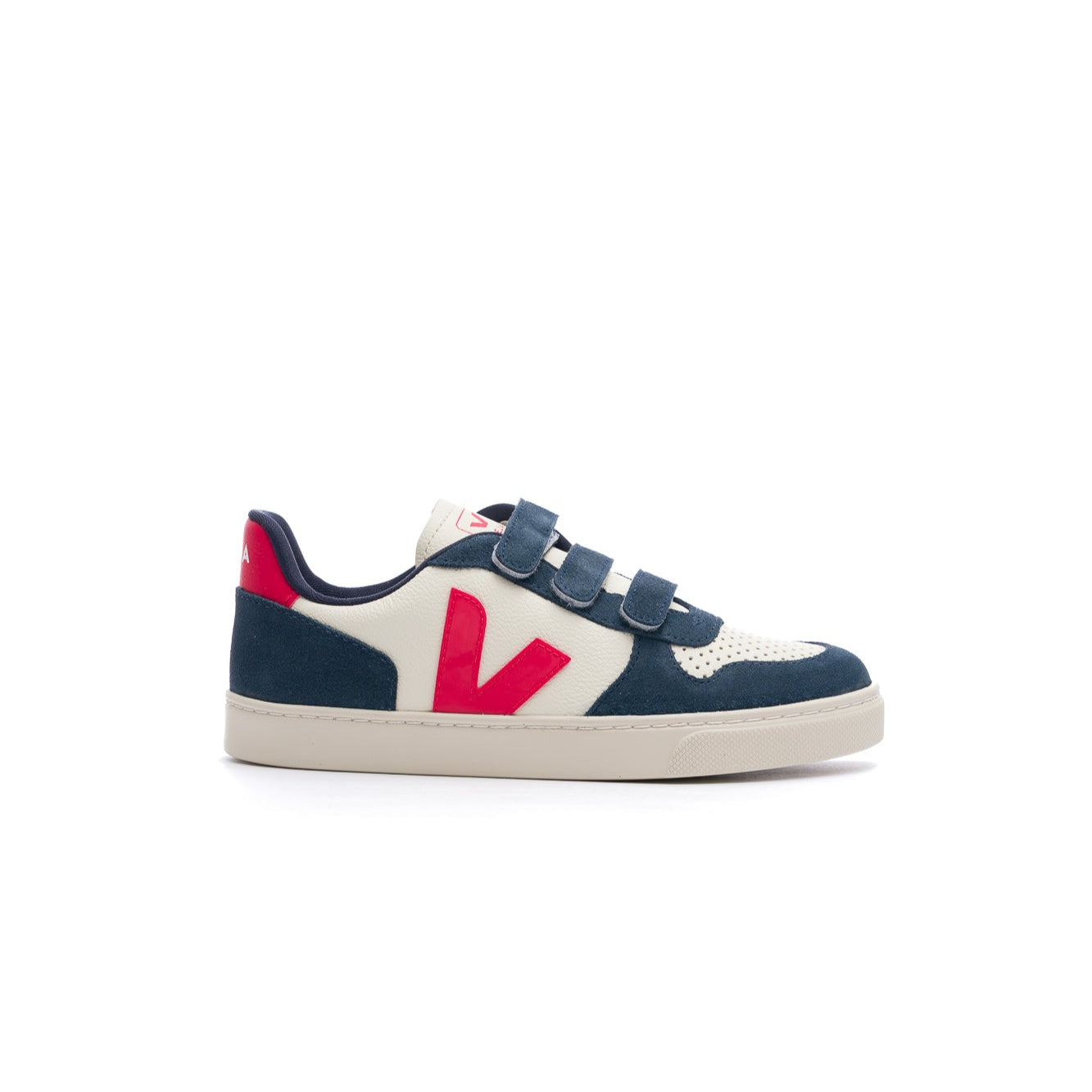 navy blue and white veja kids small v-10 leather shoe with red V and white sole and velcro straps