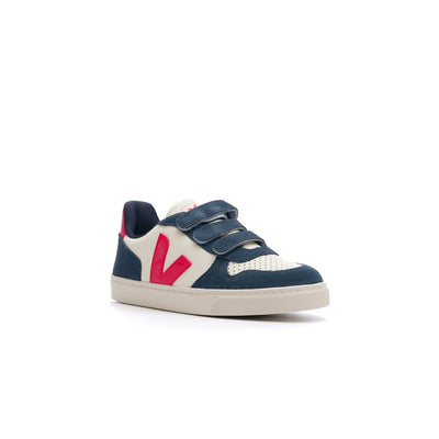 navy blue and white veja kids small v-10 leather shoe with red V and white sole and velcro straps