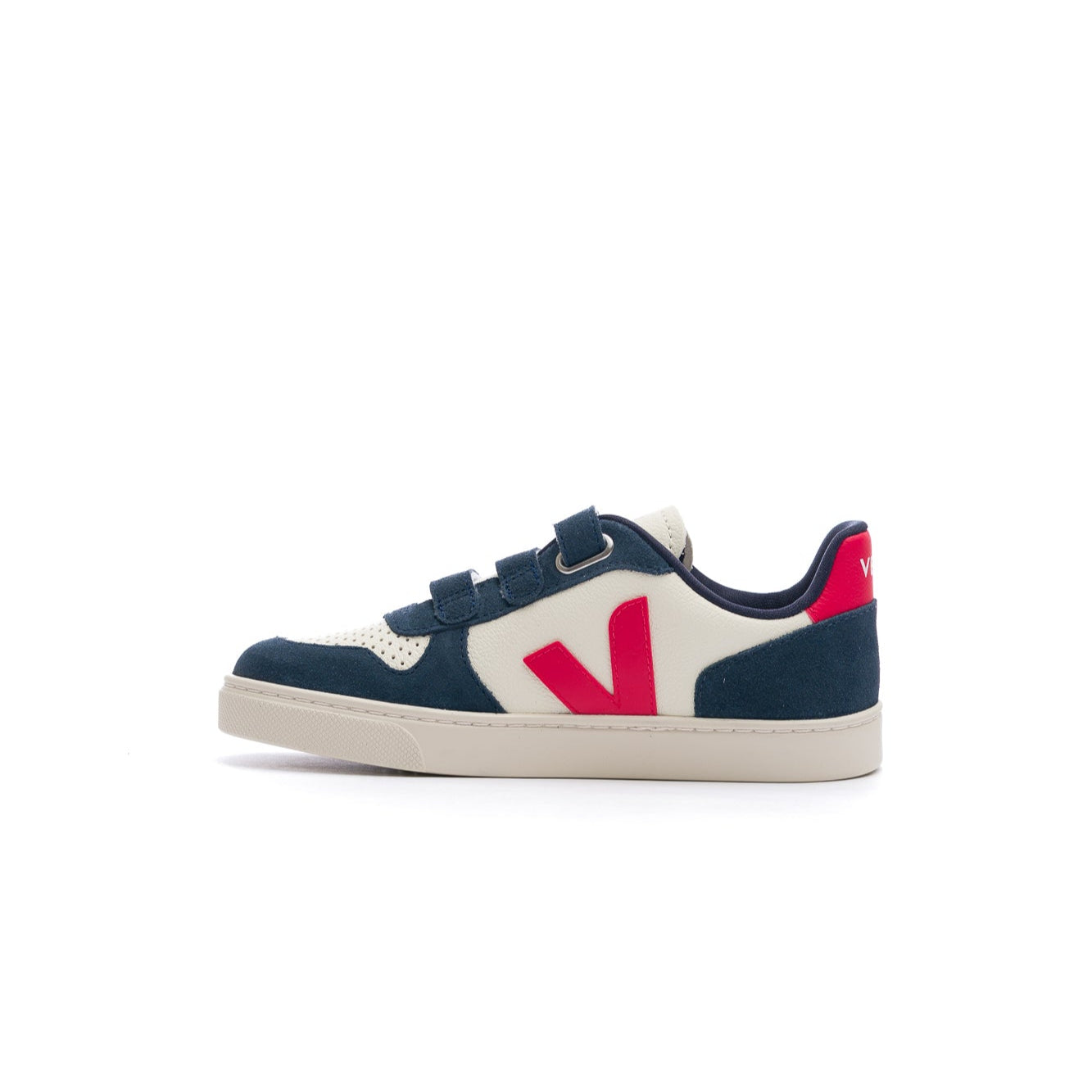 navy blue and white veja kids small v-10 leather shoe with red V and white sole and velcro straps