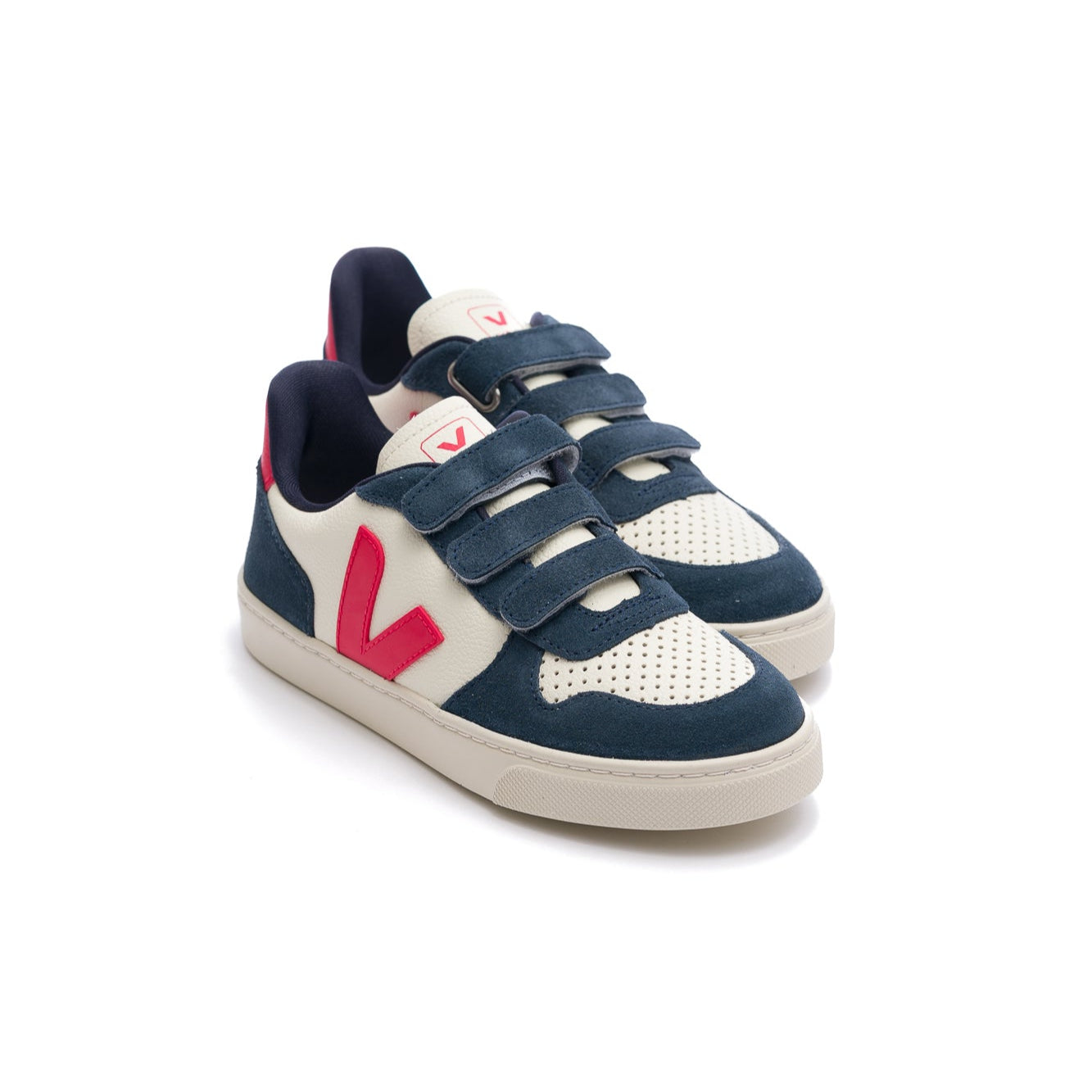 navy blue and white veja kids small v-10 leather shoe with red V and white sole and velcro straps