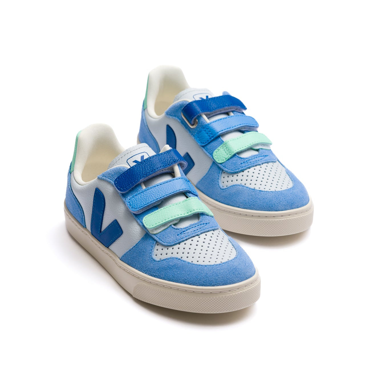 various shades of blue and white kids veja v-10 leather and suede shoes