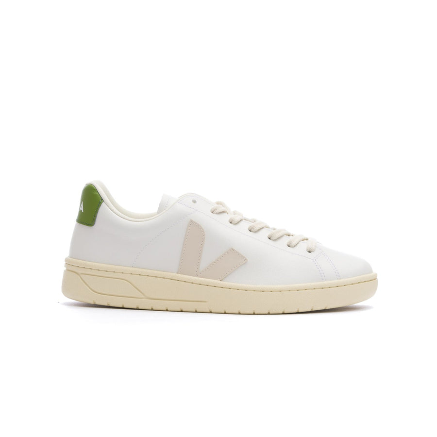 white veja men's urca cwl with off white V, off white sole and green back detail
